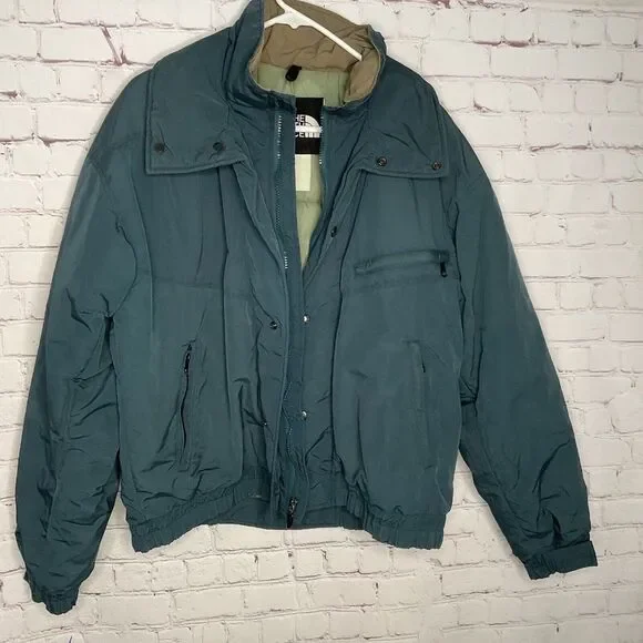 VTG The North Face Men Size M Green/Teal Pockets Full Zip Winter Puffer Jacket